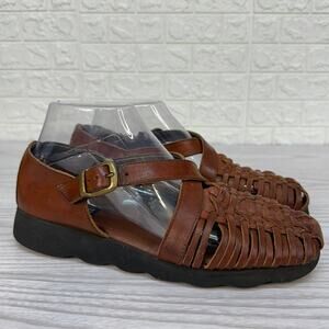 Trader Bay Sandal WMNS 9 Brown Open Weave Leather Woven Buckle Strap Vintage 90s